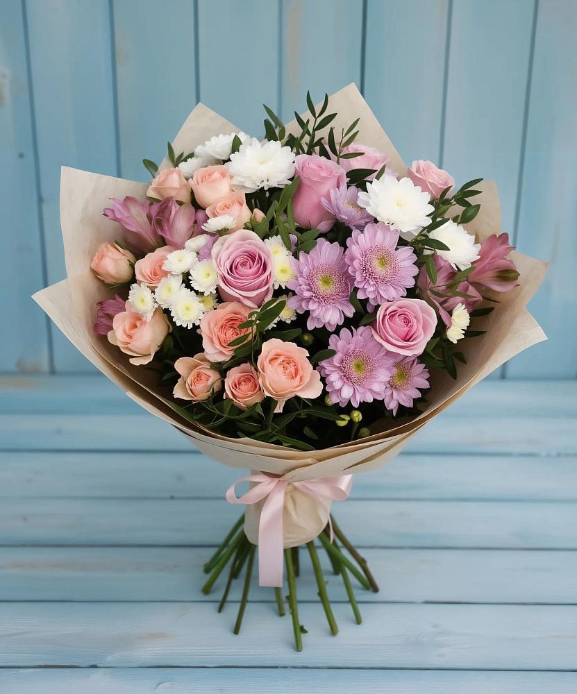 Букет цветов из: Хризантемы, Розы и Альстромерии в Юбилейном