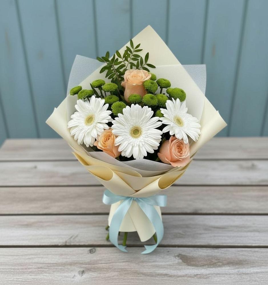 Букет цветов из: Герберы, Розы и Хризантемы в Юбилейном