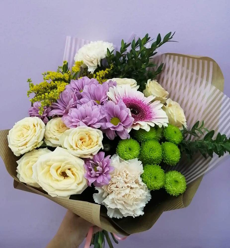 Букет цветов из: Хризантемы, Розы, Гвоздики и Герберы в Юбилейном